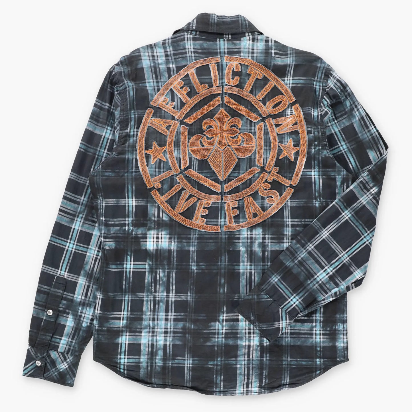 Vintage AFFLICTION x BUCKLE Black & Blue Plaid Y2K Logo Patch Long Sleeve Shirt (M)