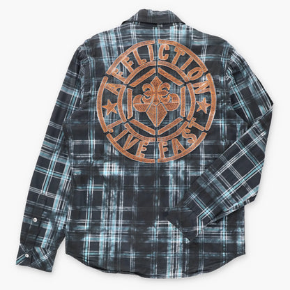Vintage AFFLICTION x BUCKLE Black & Blue Plaid Y2K Logo Patch Long Sleeve Shirt (M)