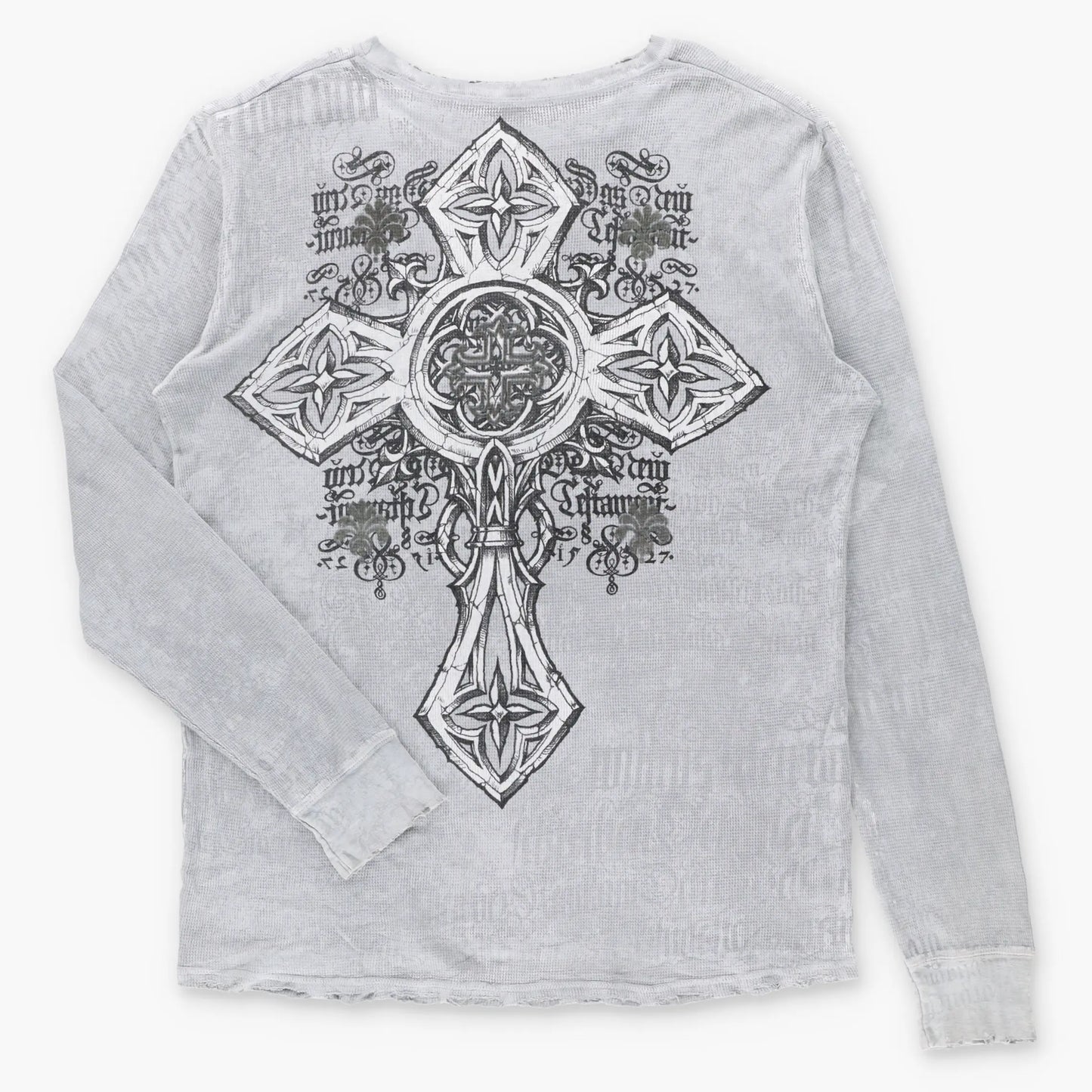 Vintage AFFLICTION Distressed Y2K Grey Velvet Cross Detail USA Made Waffle Thermal Long Sleeve Tee (XL)