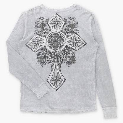 Vintage AFFLICTION Distressed Y2K Grey Velvet Cross Detail USA Made Waffle Thermal Long Sleeve Tee (XL)