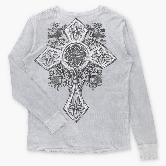 Vintage AFFLICTION Distressed Y2K Grey Velvet Cross Detail USA Made Waffle Thermal Long Sleeve Tee (XL)