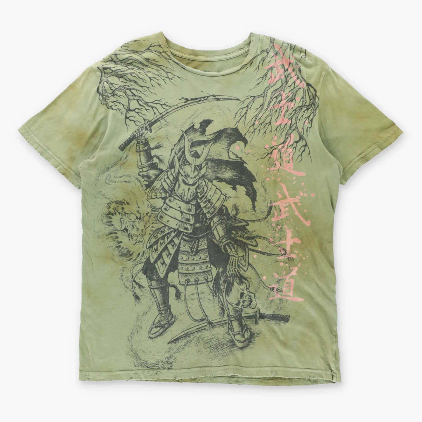 Rare AFFLICTION Vintage USA Made Khaki Green Y2K Samurai Tee (M)