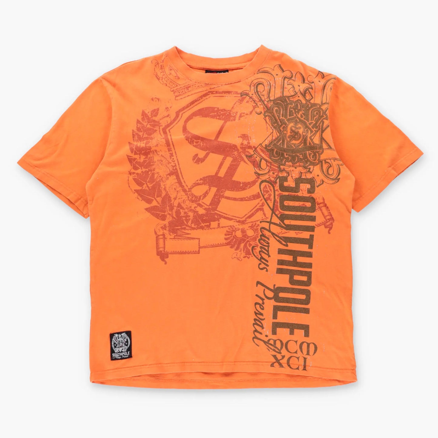 Vintage SOUTHPOLE "Always Prevail" Y2K Spell Out Logo Orange T-Shirt (L)