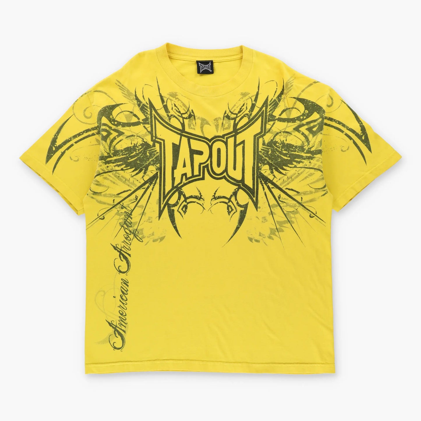 TAPOUT "American Arrogant" Vintage Yellow & Black Winged Logo Y2K Wrestling Tee (XL)