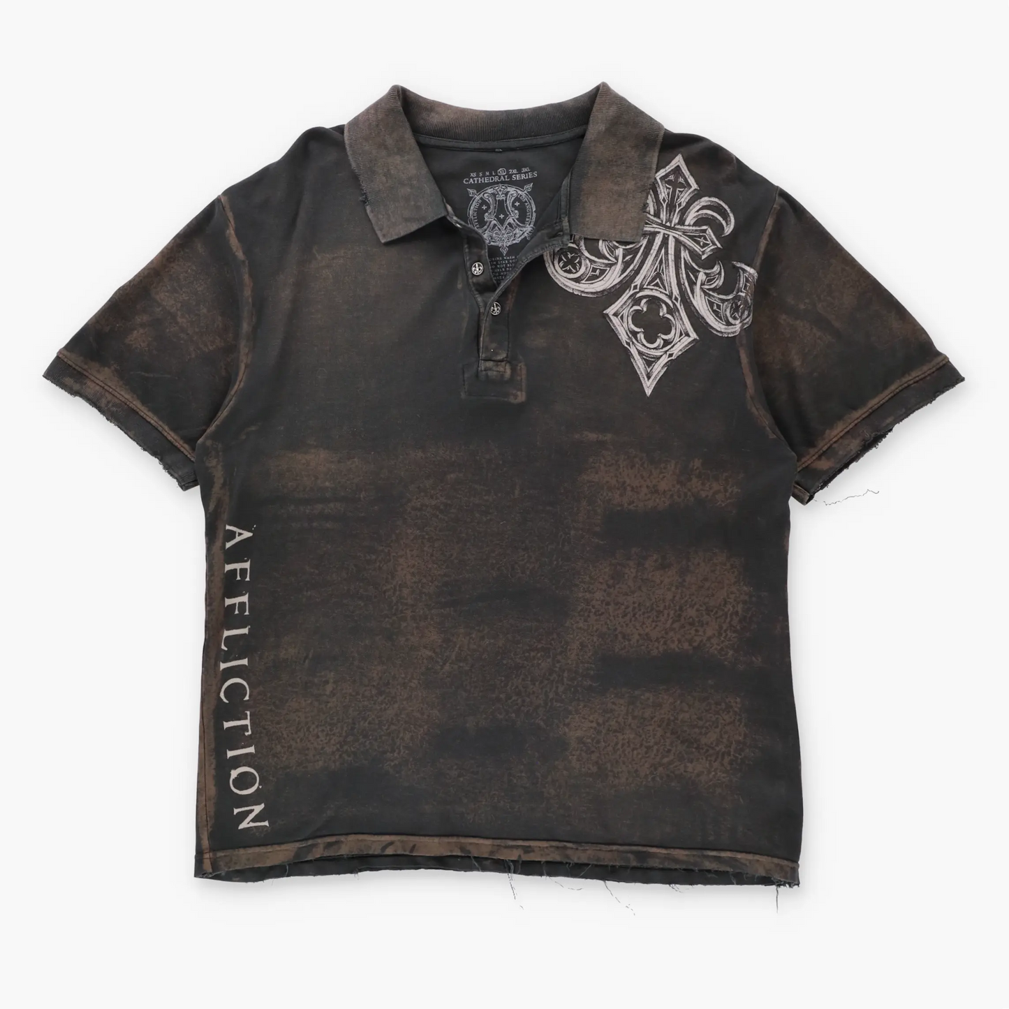 Vintage AFFLICTION 'Cathedral Series' USA Made Y2K Black & Brown Polo Shirt (XL)