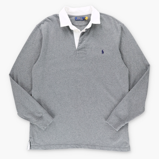 POLO RALPH LAUREN Embroidered Logo Grey & White Collared Rugby Sweater (L Tall)