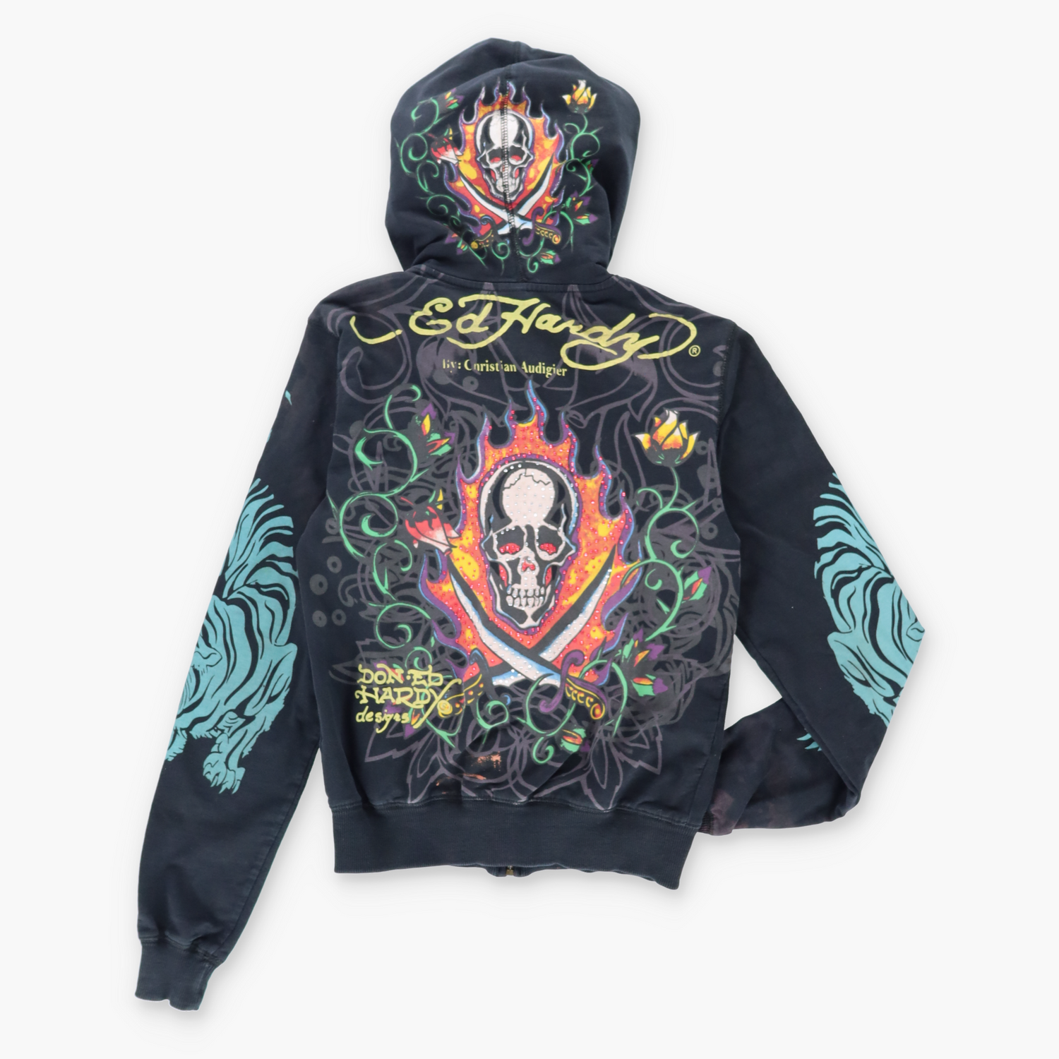 ED HARDY By Christian Audigier Y2K Embellished Zip Up Hoodie Sweatshirt (XS-S) - Vintage Sole Melbourne