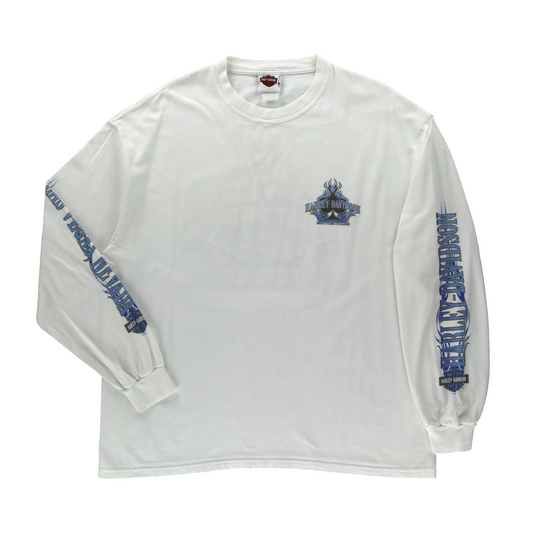 HARLEY DAVIDSON Las Vegas White & Blue Flame Logo Long Sleeve Tee (L)