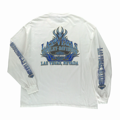 HARLEY DAVIDSON Las Vegas White & Blue Flame Logo Long Sleeve Tee (L)
