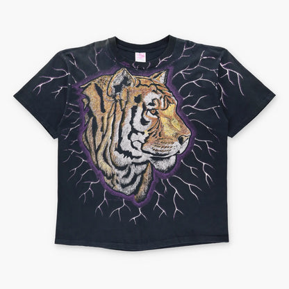 Vintage 1994 Tiger & Purple Lightening All Over Print Black Single Stitch Tee USA Made (XXL)