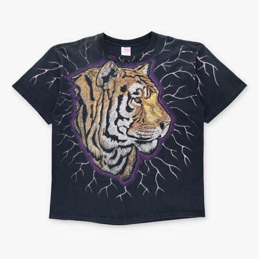 Vintage 1994 Tiger & Purple Lightening All Over Print Black Single Stitch Tee USA Made (XXL)