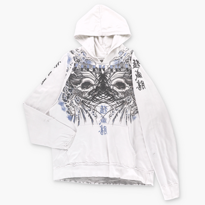 Vintage AFFLICTION White & Blue Distressed Y2K Skull Hoodie Sweatshirt USA Made (XL) ***COCO Vintage Sole Melbourne
