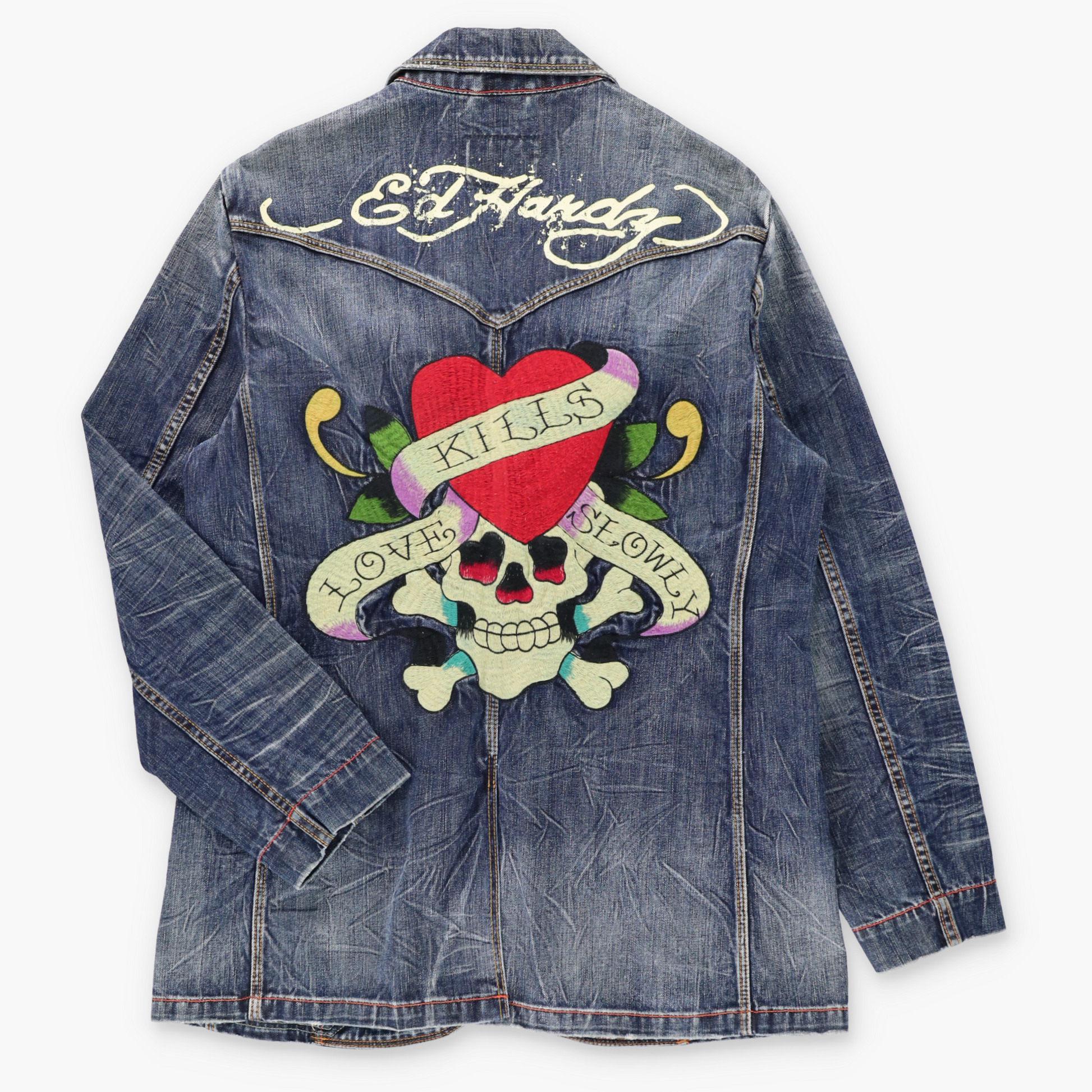 Vintage ED HARDY x CHRISTIAN AUDIGIER Embroidered "Love Kills Slowly" Denim Blazer Jacket (L TALL) ***COCO Vintage Sole Melbourne
