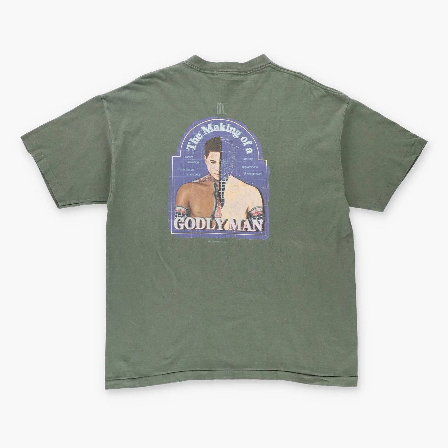 Vintage 1997 'Godly Man' USA Made Single Stitch Green Christian T-Shirt (L-XL)