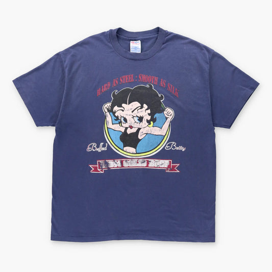 Vintage BUFFED BETTY 90's 'Hard As Steel' Navy 50/50 Single Stitch T-Shirt (XL)