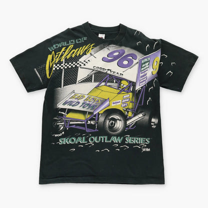 Vintage 90's 'Skoal Outlaw Series' Sprint Car All Over Print Single Stitch Black T-Shirt (XL)