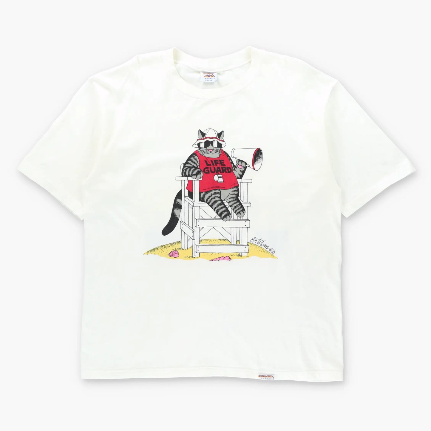 Vintage B. Kliban Cat Beach Lifeguard Vintage 90s USA Made White T-Shirt (L)