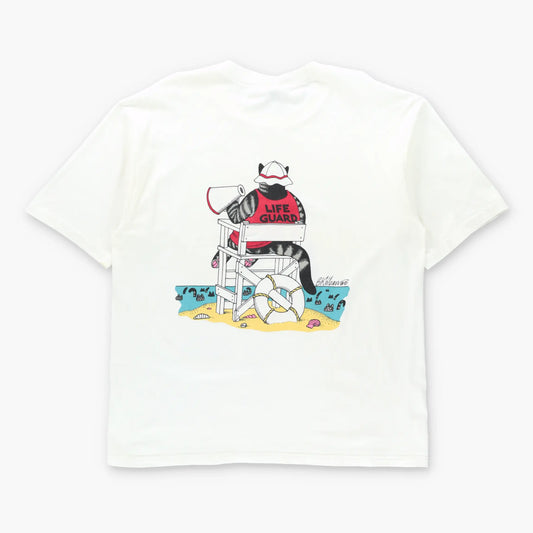 Vintage B. Kliban Cat Beach Lifeguard Vintage 90s USA Made White T-Shirt (L)