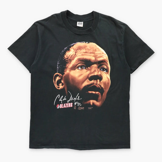 Vintage 1991 Clyde Drexler NBA Portland Trail Blazers USA Made Black Single Stitch Basketball Tee (XL TALL)