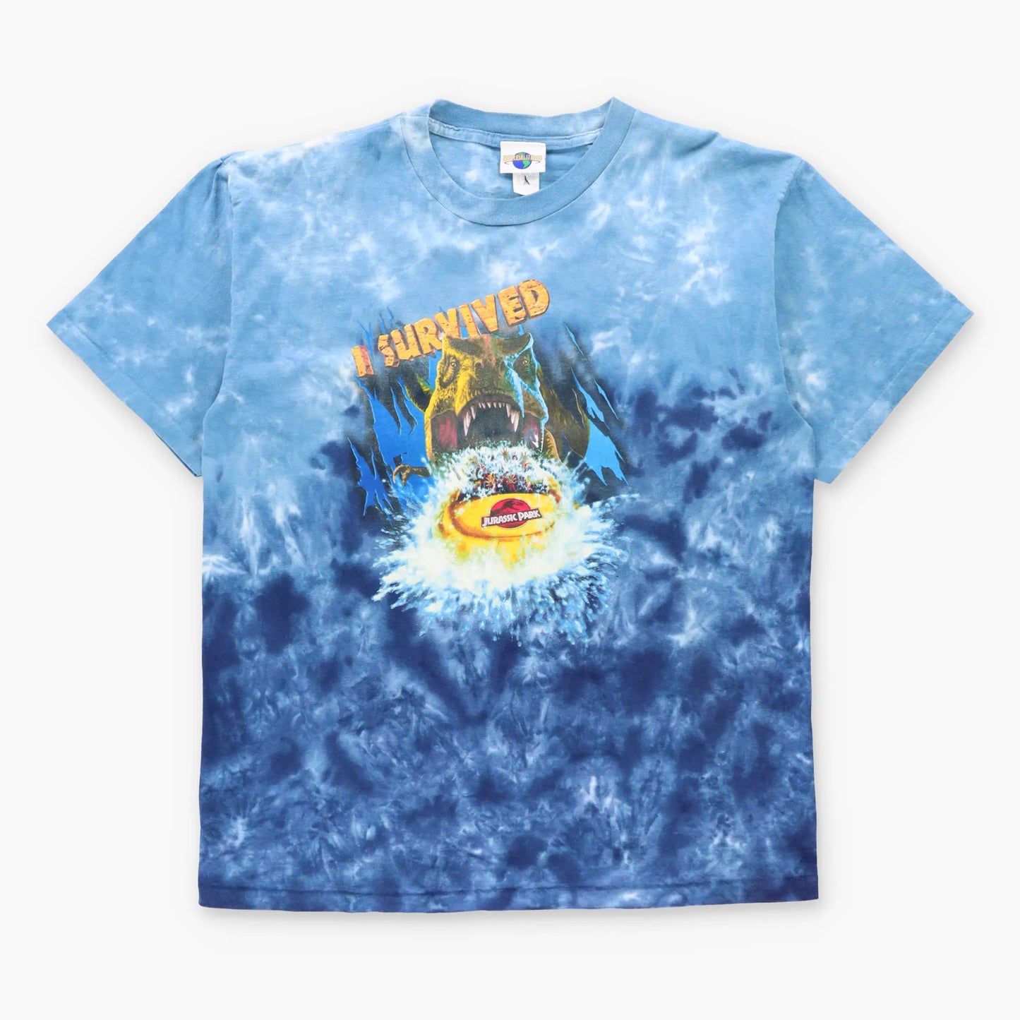 Vintage 90s JURASSIC PARK "I Survived" Dinosaur Movie USA Made Blue Tie-Dye T-Shirt (XL)