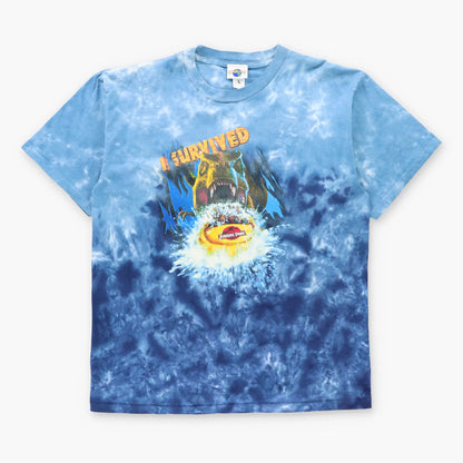 Vintage 90s JURASSIC PARK "I Survived" Dinosaur Movie USA Made Blue Tie-Dye T-Shirt (XL)