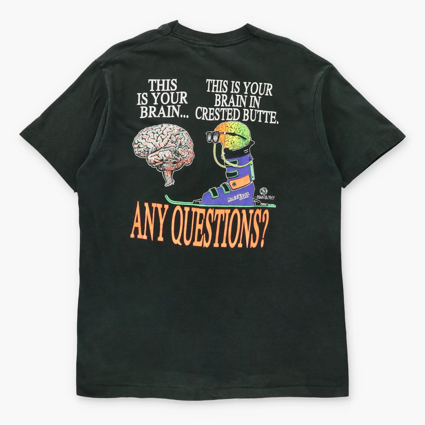 Vintage 90s Brainwaves "Any Questions?" Crested Butte Ski Town USA Made Black Single Stitch Tee (XL)