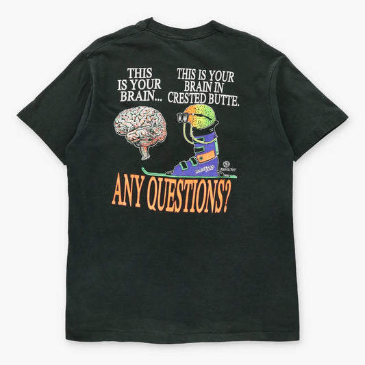 Vintage 90s Brainwaves "Any Questions?" Crested Butte Ski Town USA Made Black Single Stitch Tee (XL)