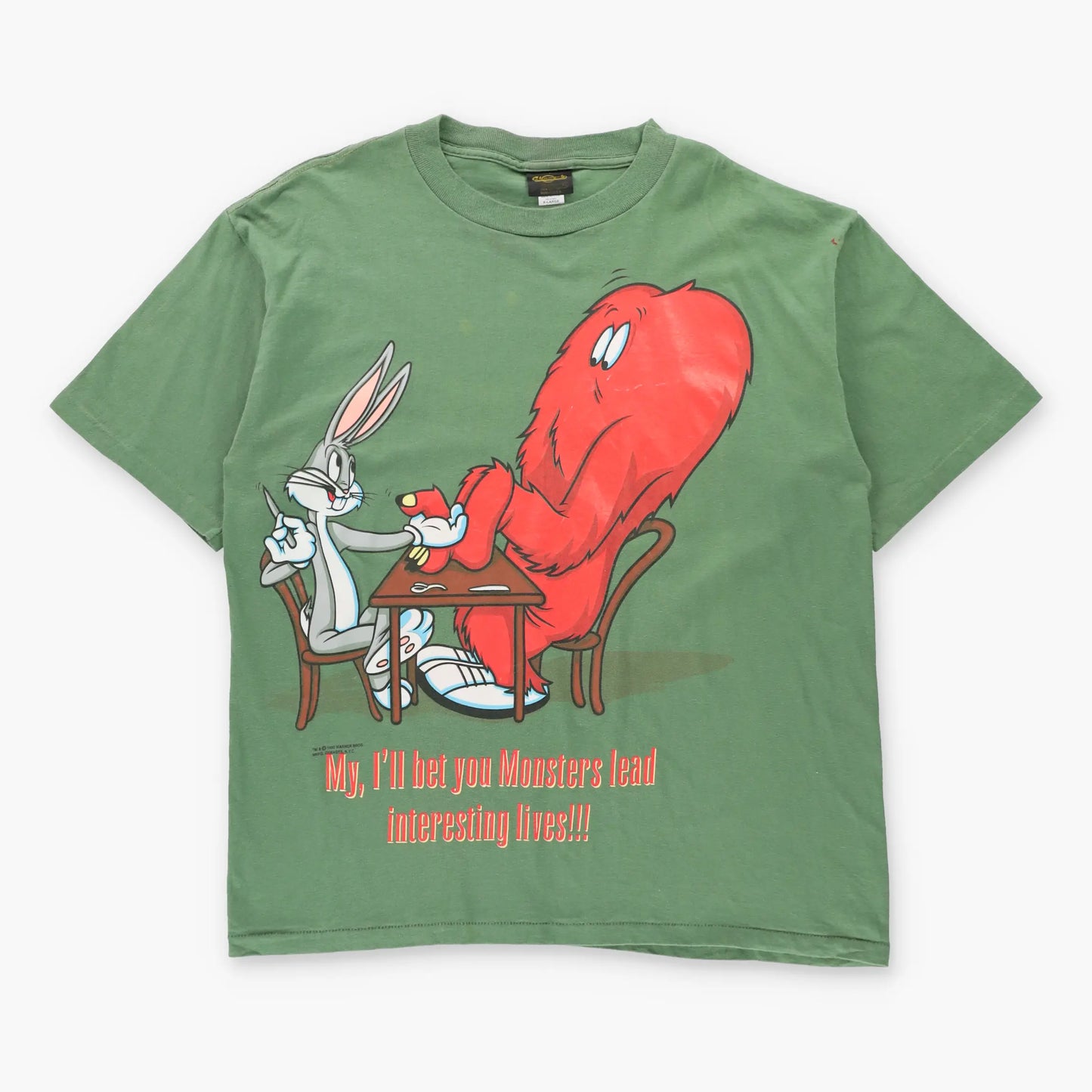 Vintage 1995 LOONEY TUNES Bugs Bunny & Monster Manicure Green USA Made Single Stitch Tee (XL)