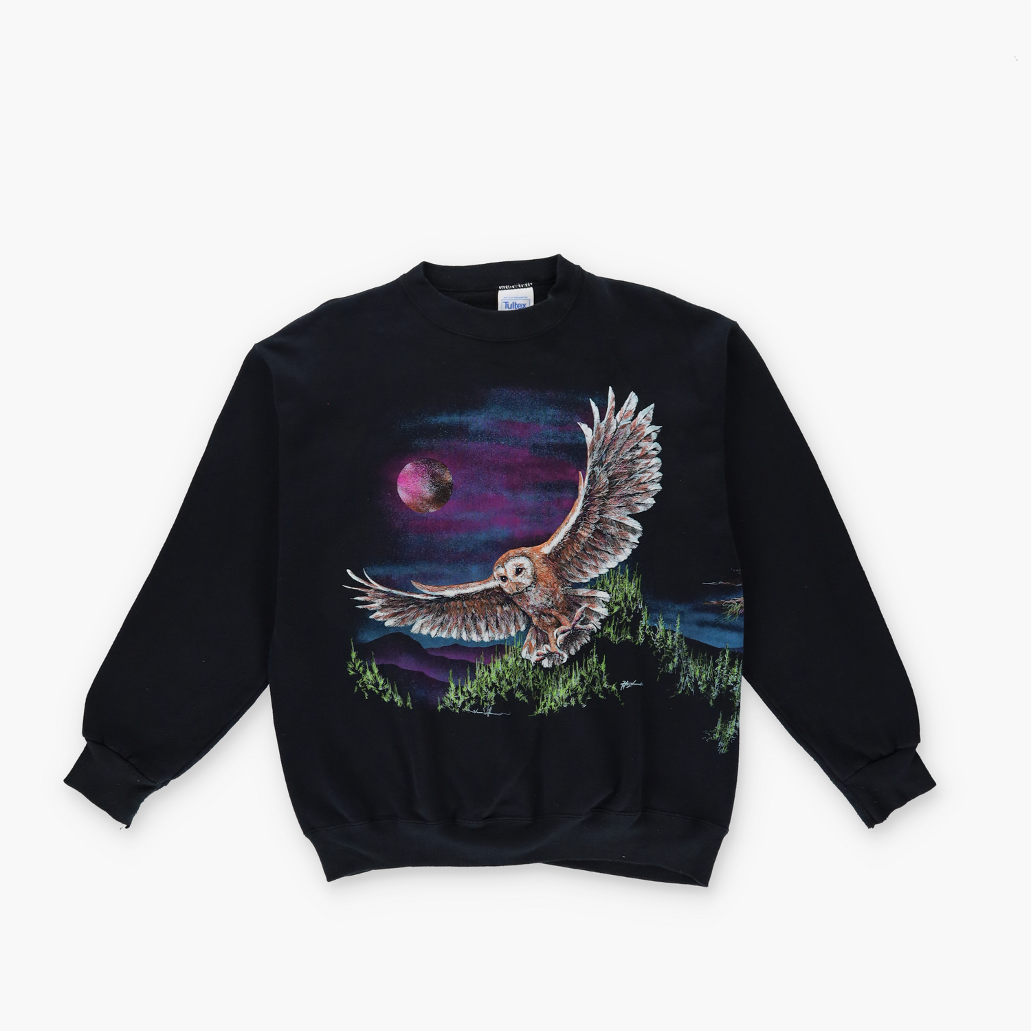90s 'USA Made' 50/50 Double Sided Hardwood Owl Graphic Black Sweatshirt (S-M) - Vintage Sole Melbourne