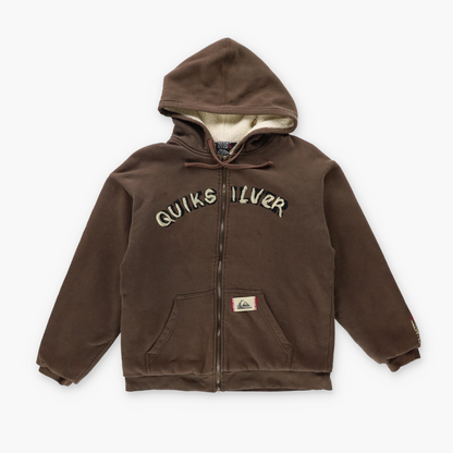 QUIKSILVER Spell-Out Logo Fleece Lined Brown Zip-Up Hooded Sweatshirt (S)