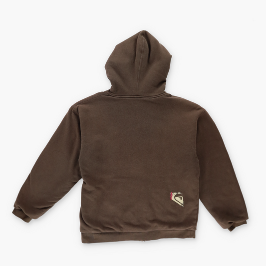 QUIKSILVER Spell-Out Logo Fleece Lined Brown Zip-Up Hooded Sweatshirt (S)