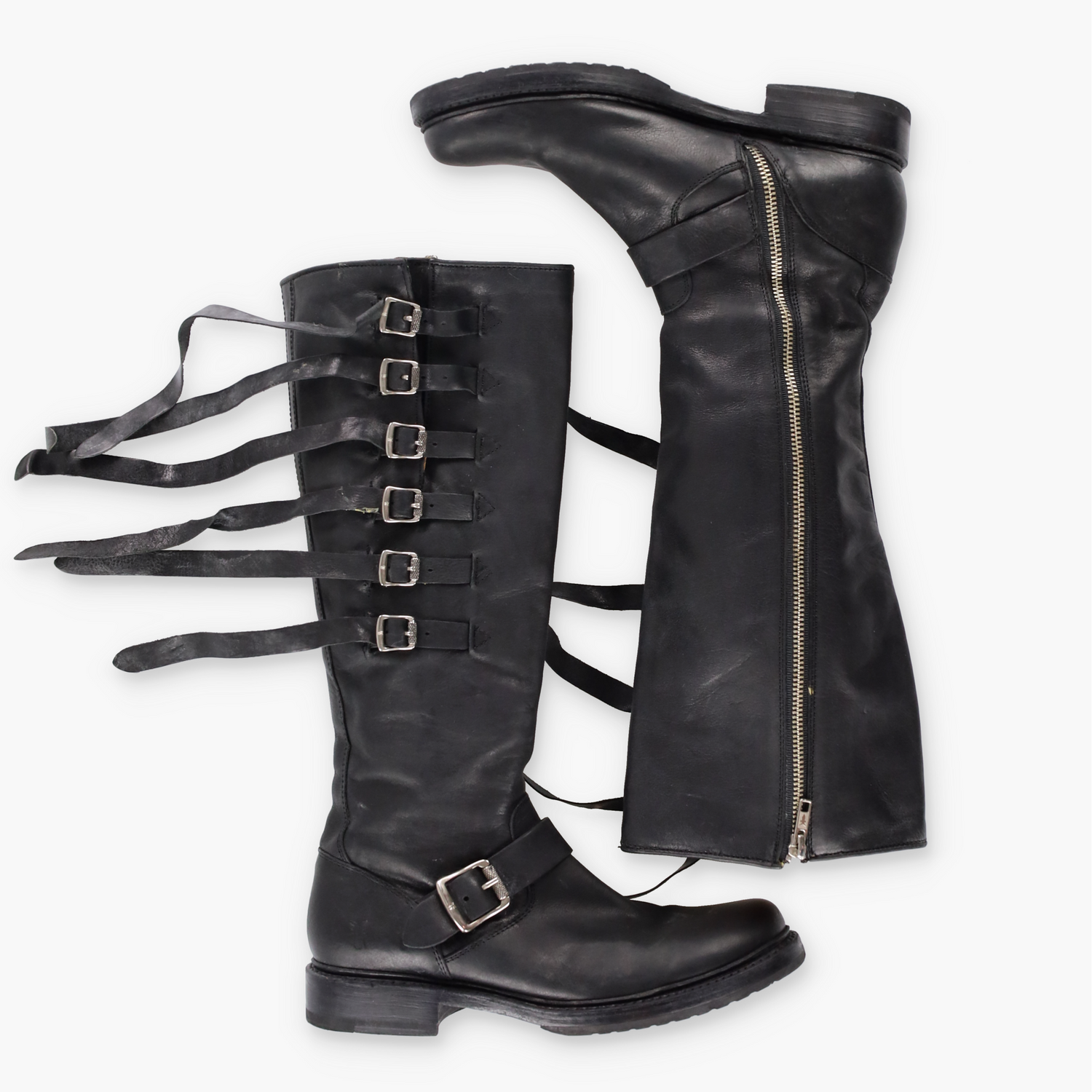 FRYE 'Veronica' Fringe Strap Tall Zip Up Black Buckle Boots (8) - Vintage Sole Melbourne