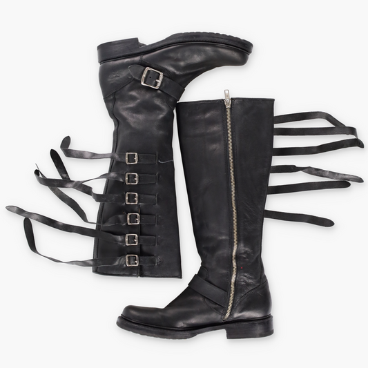 FRYE 'Veronica' Strap Tall Zip Up Black Buckle Boots (8)