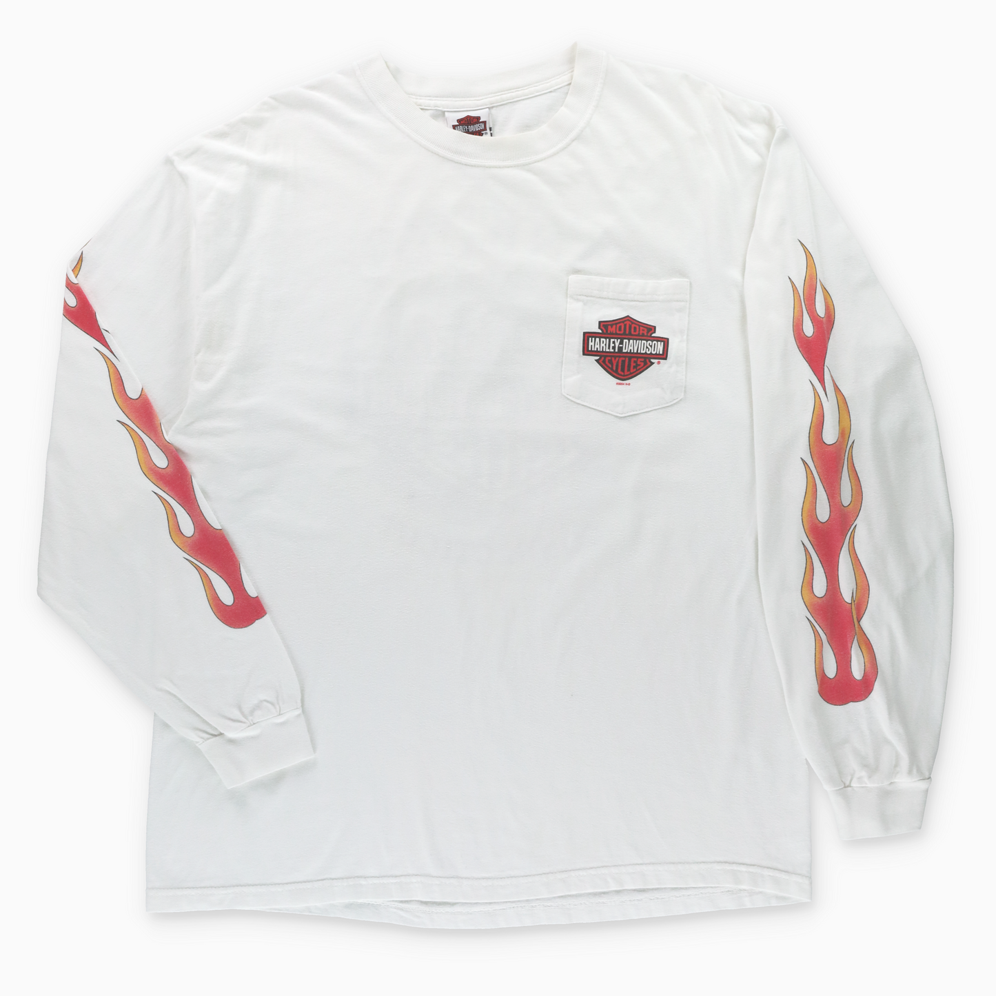 HARLEY DAVIDSON Connecticut Orange Flames Long Sleeve White Front Pocket T-Shirt USA Made (XL)