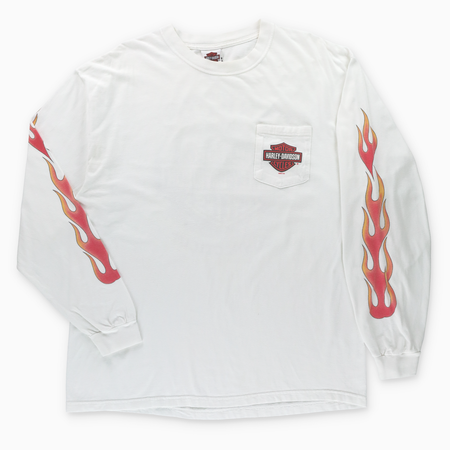 HARLEY DAVIDSON Connecticut Orange Flames Long Sleeve White Front Pocket T-Shirt USA Made (XL) - Vintage Sole Melbourne