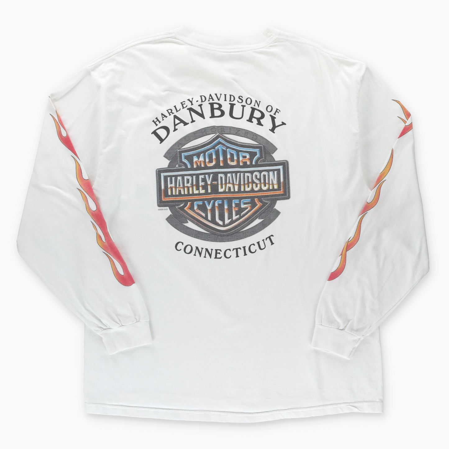 HARLEY DAVIDSON Connecticut Orange Flames Long Sleeve White Front Pocket T-Shirt USA Made (XL)