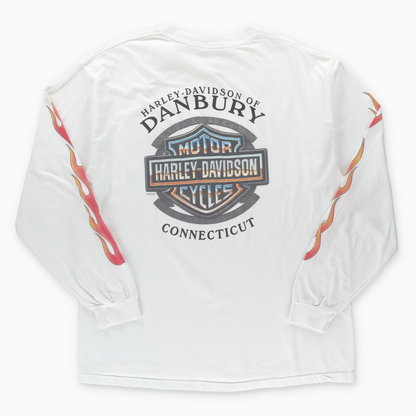 HARLEY DAVIDSON Connecticut Orange Flames Long Sleeve White Front Pocket T-Shirt USA Made (XL)