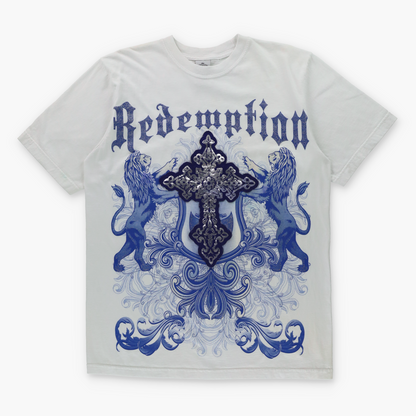 AKCESS PREMIUM Glitter "Redemption" Blue & White Y2K Foil Cross Patch Tee (M-L)