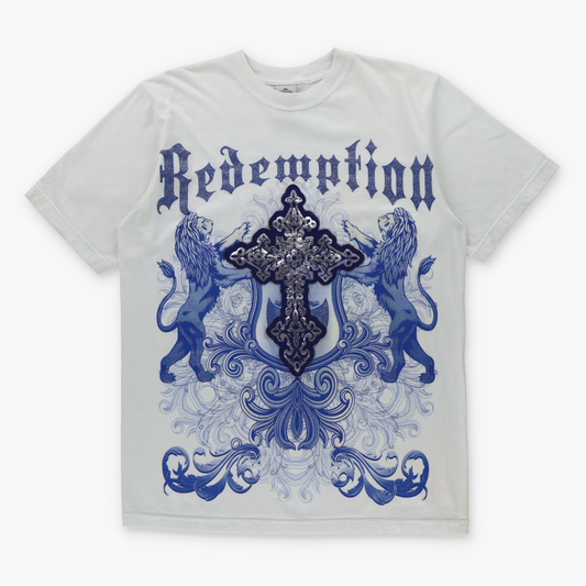 AKCESS PREMIUM Glitter "Redemption" Blue & White Y2K Foil Cross Patch Tee (M-L)