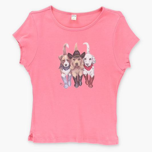 Vintage Western Puppies Cheeky Font Back Watermelon Pink Baby Tee (S-M)