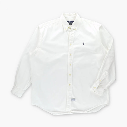 Vintage RALPH LAUREN White & Navy Embroidered Pony Button-Down Long Sleeve Shirt USA Made (XL)