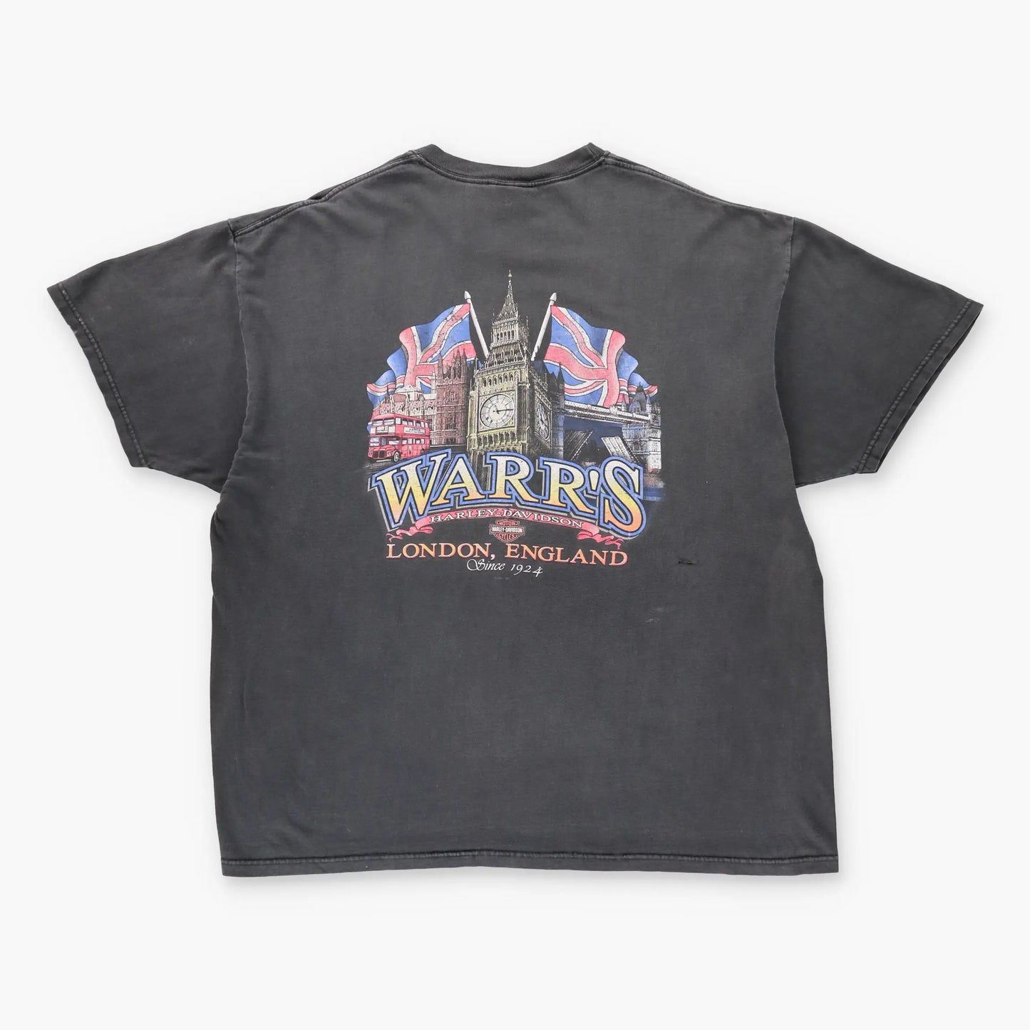 Vintage HARLEY DAVIDSON Y2K 'Warr's' England Logo Grey Faded Motorcycle T-Shirt (XXL)