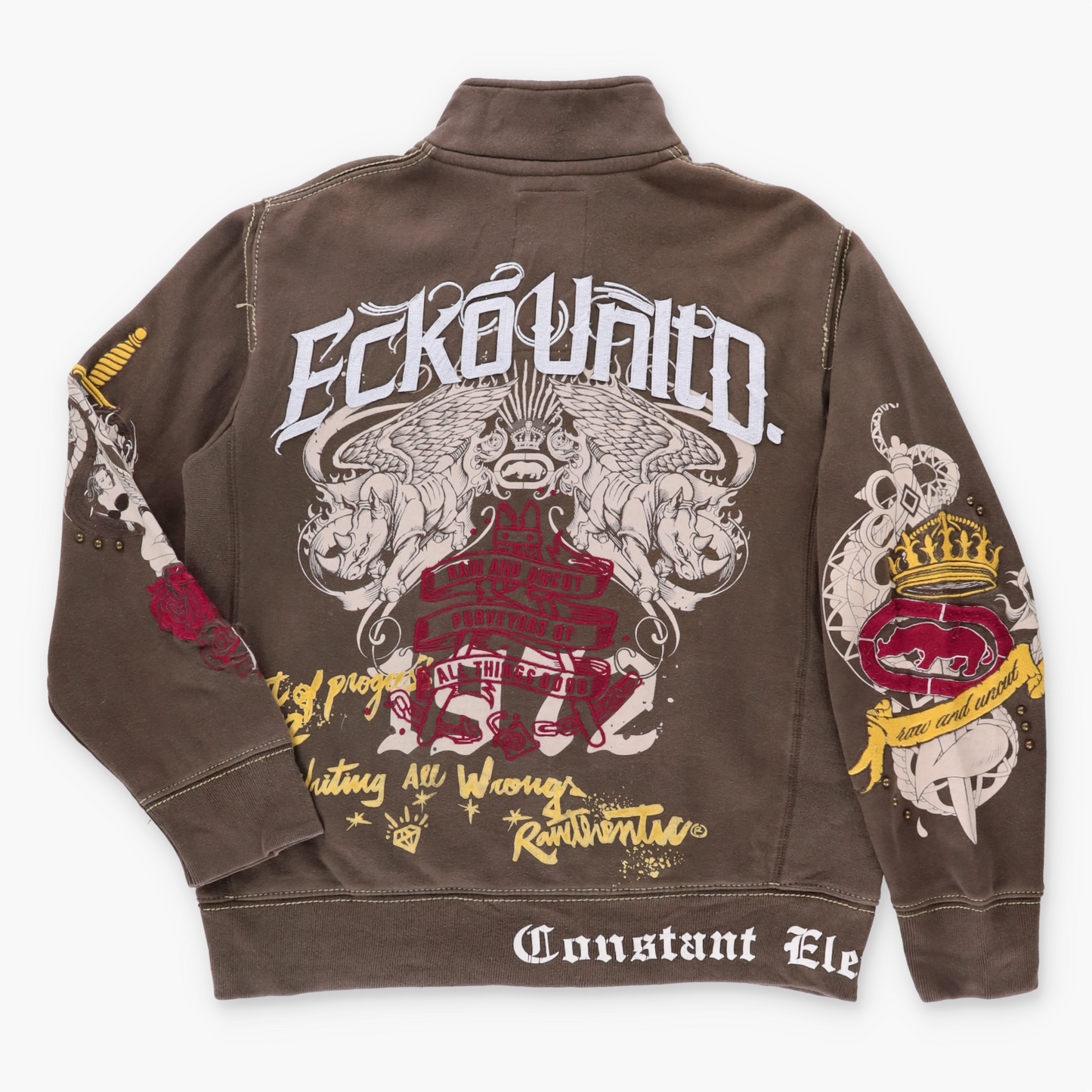 ECKO UNLTD Embroidered "Raw And Uncut" Brown Full Zip Sweatshirt (L) ***COCO Vintage Sole Melbourne