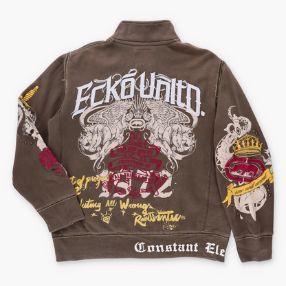 ECKO UNLTD Embroidered "Raw And Uncut" Brown Full Zip Sweatshirt (L) ***COCO Vintage Sole Melbourne