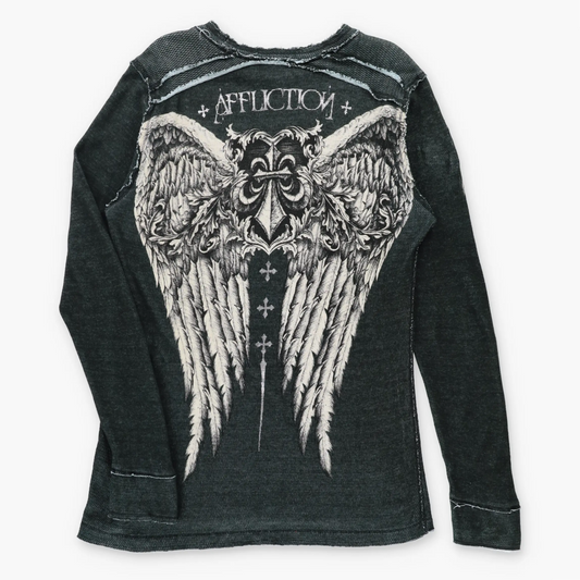 Vintage AFFLICTION Reversible Y2K Velvet Detailing Thermal Long Sleeve Tee USA Made (L-XL TALL)