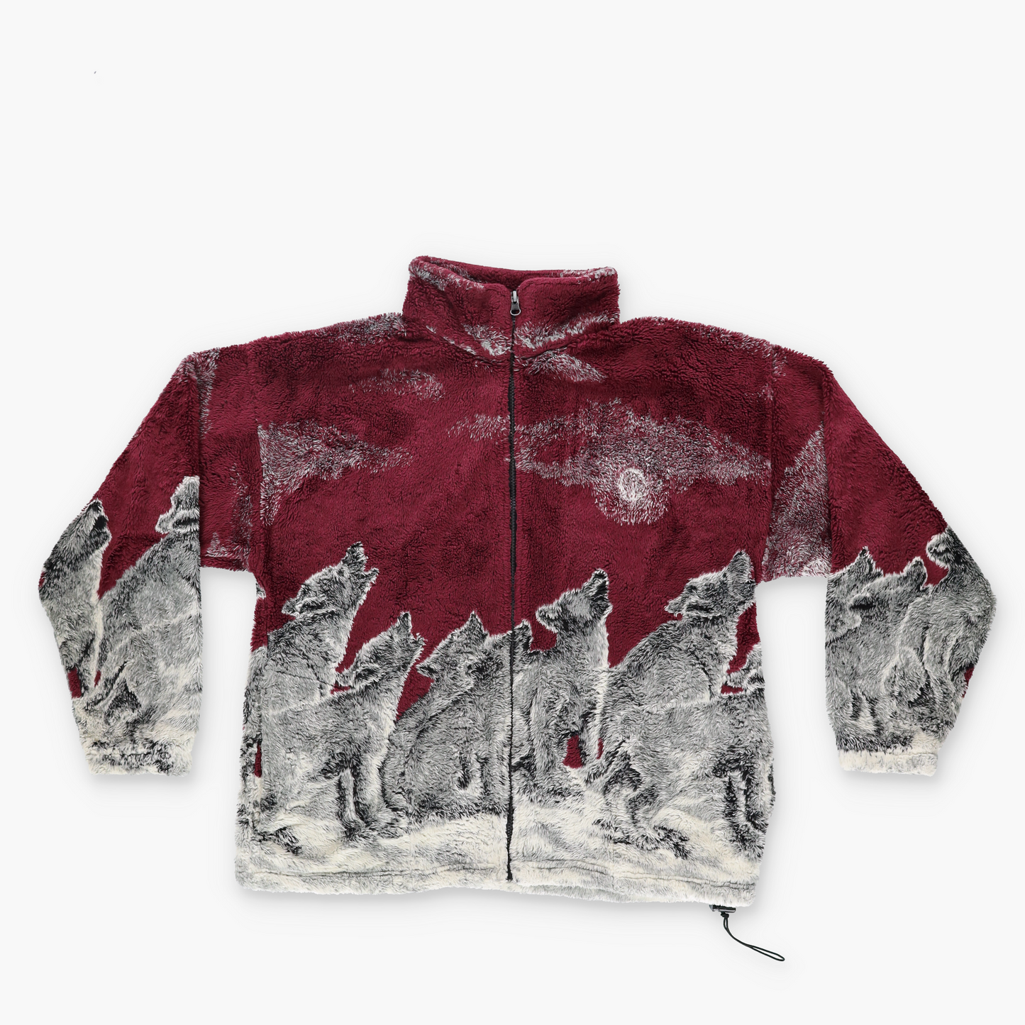 MAZMANIA 'USA Made' Maroon Howling Wolf All Over Graphic Zip-Up Fleece Jacket (M)