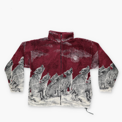 MAZMANIA 'USA Made' Maroon Howling Wolf All Over Graphic Zip-Up Fleece Jacket (M)