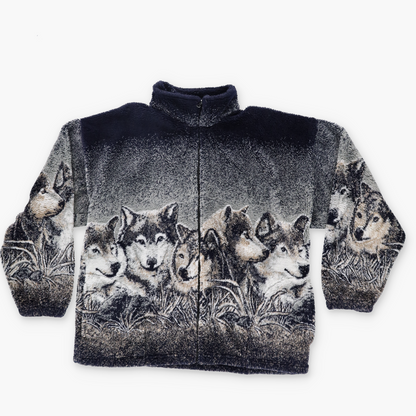 COBBLESTONE CANYON 'USA Made' All Over Wolves Graphic Zip-Up Fleece Jacket (XL)