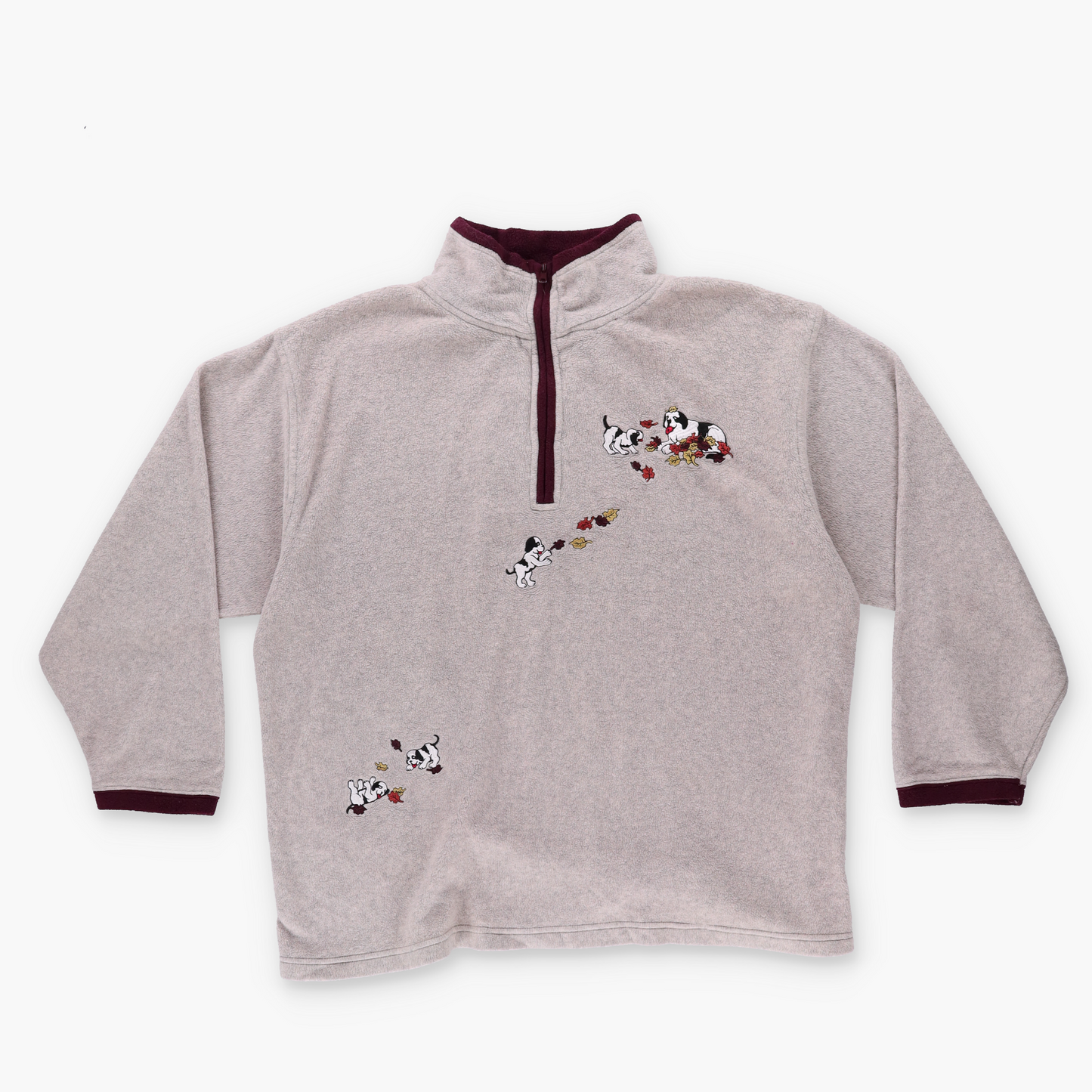 BIG DOGS St Bernard Autumn Embroidered Graphic Grey & Maroon 1/4 Zip Fleece Sweatshirt (L) *ruby