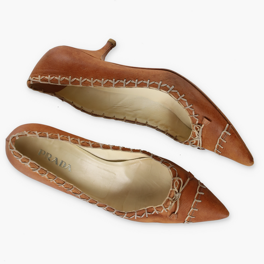 PRADA Tan Whip Stitch Bow Italy Made Kitten Heels (38.5)